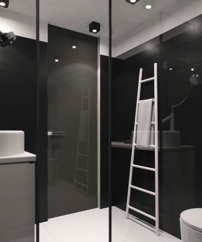 design of a bathroom in a studio apartment with high ceilings