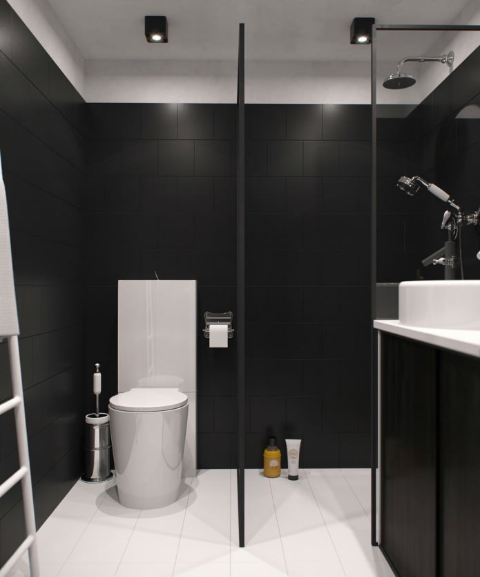 Design eines Badezimmers in einem Studio-Apartment mit hohen Decken