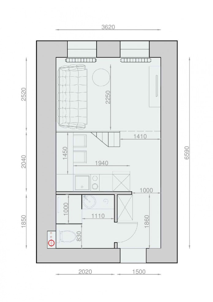 Layout of a two-level studio with high ceilings