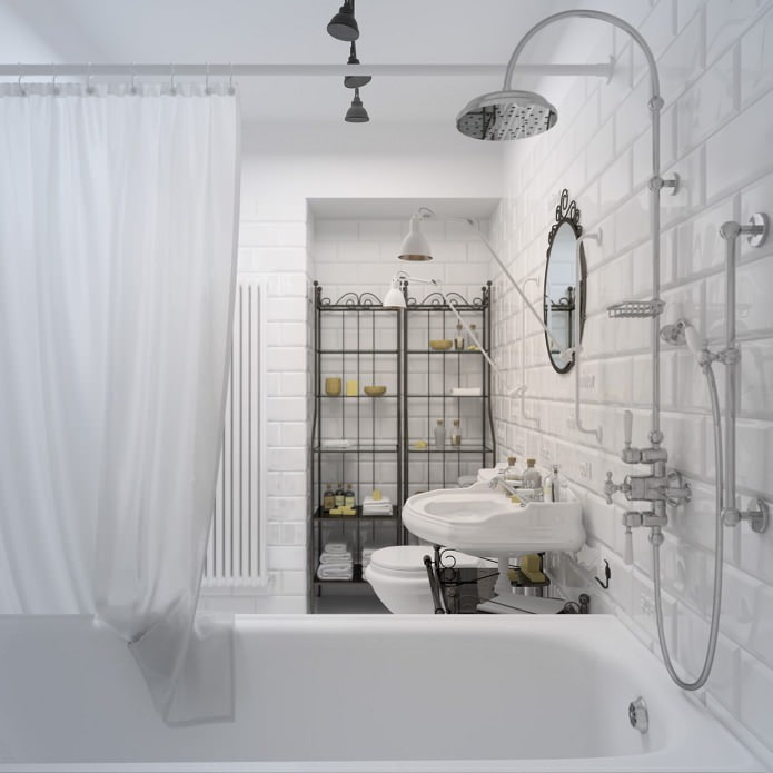 Badezimmer in weiß mit Ziegelsteinfliesen