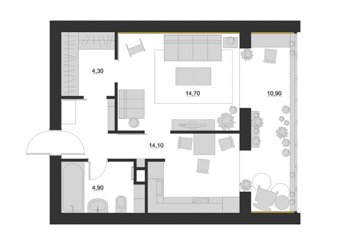 Grundriss eines Studio-Apartments mit Loggia