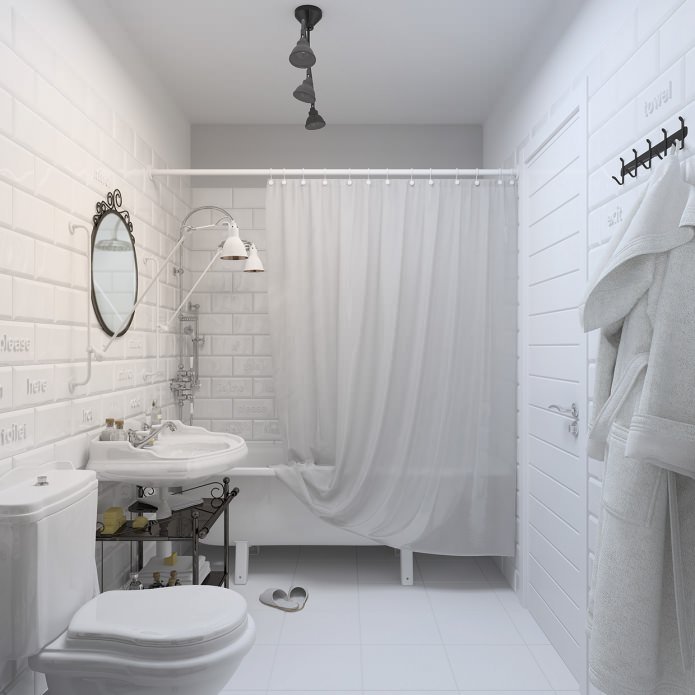 bathroom in white with bricks tiles
