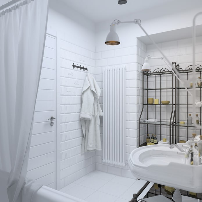 bathroom in white with bricks tiles