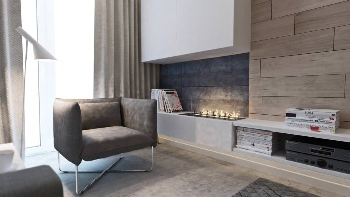 fireplace in the interior of a three-room apartment