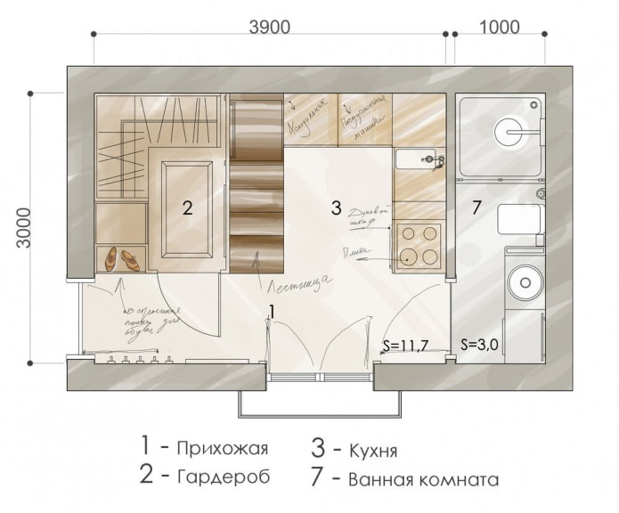 Ang layout ng apartment ay 15 sq. m