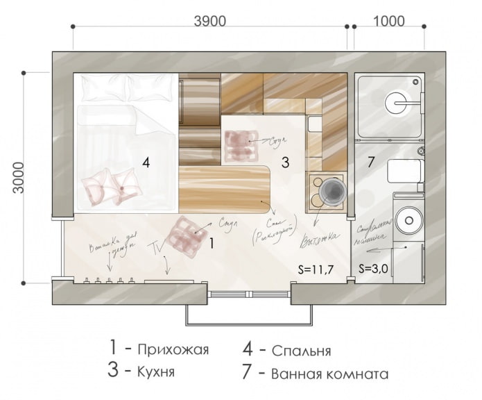The layout of the apartment is 15 sq. m.