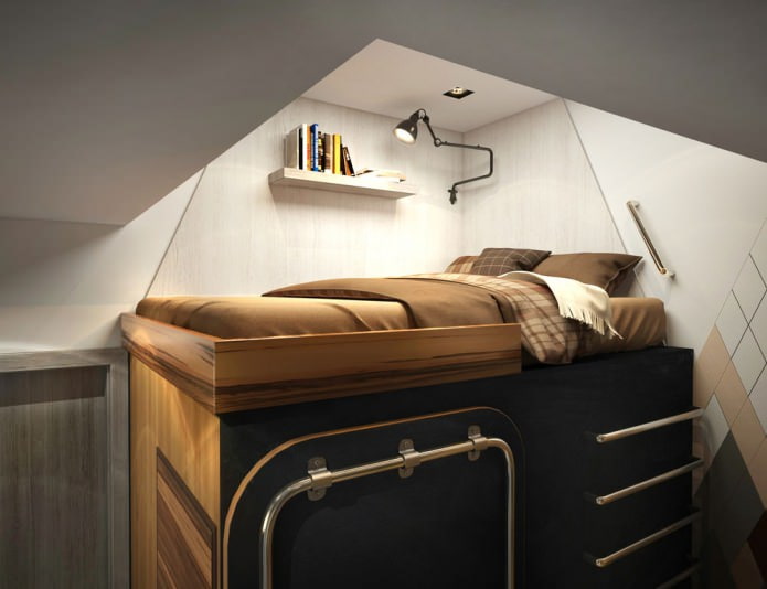 sleeping place in the design of a small apartment of 15 sq. m.