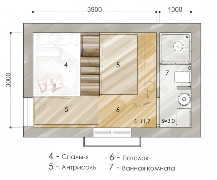 The layout of the apartment is 15 sq. m.