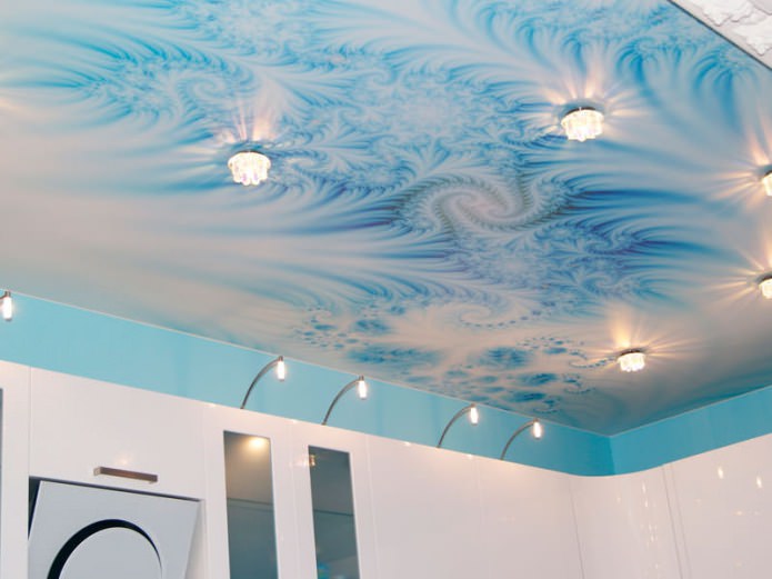 Stretch ceiling in the kitchen with photo printing