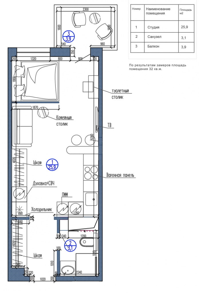 studio layout 29 sq. m. with a decorative partition