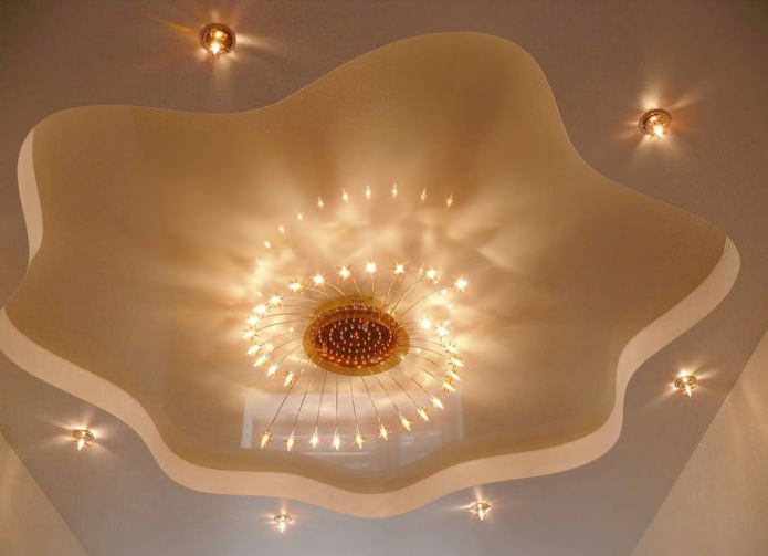 Illuminated plasterboard ceiling in the kitchen
