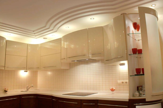 Multilevel plasterboard ceiling in the kitchen