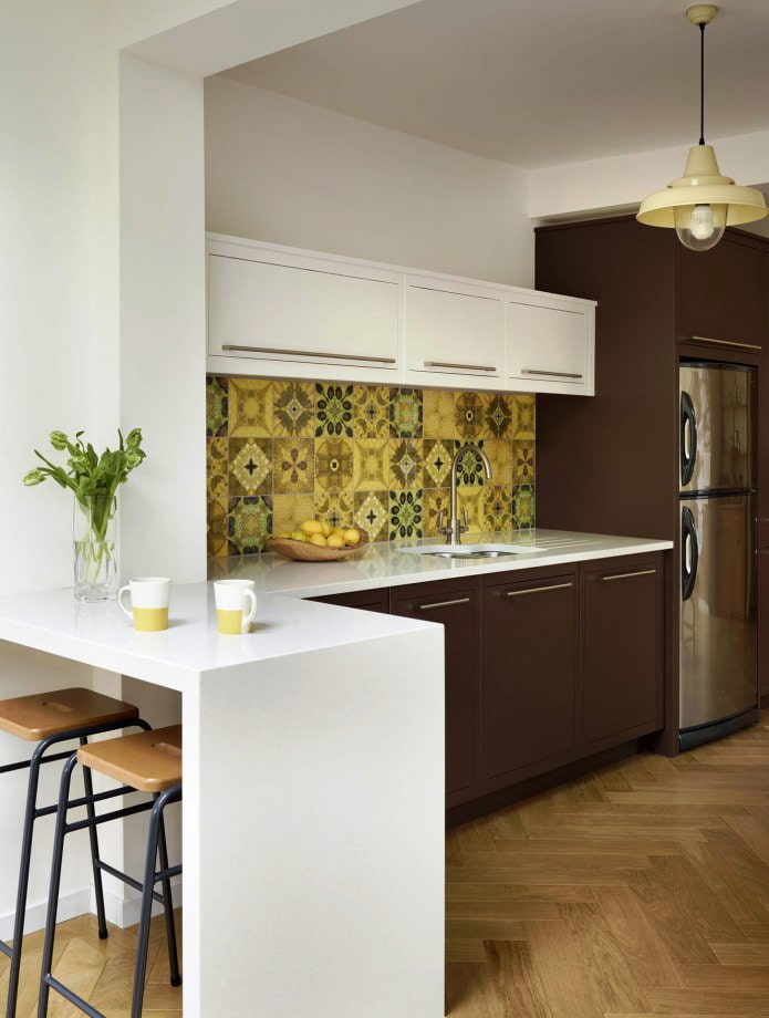 Patchwork tiles on the kitchen apron