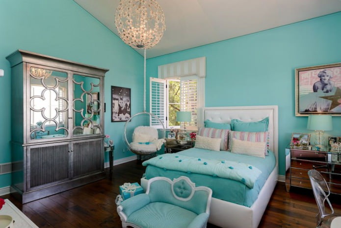 bedroom interior for a girl in turquoise color
