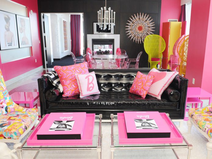 living room in bright pink colors