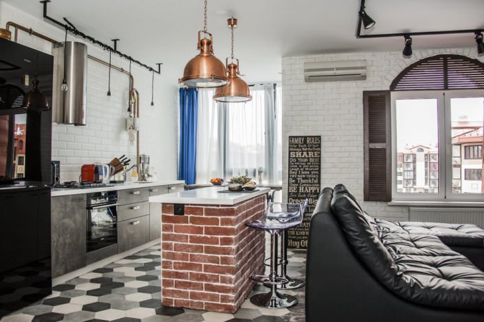 Entwurf einer Wohnküche mit Bartheke mit Ziegelsockel