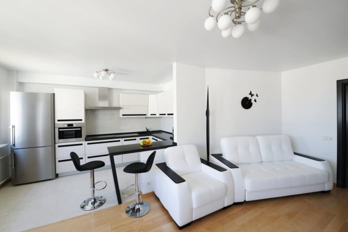 bar counter in the design of a black and white kitchen-living room