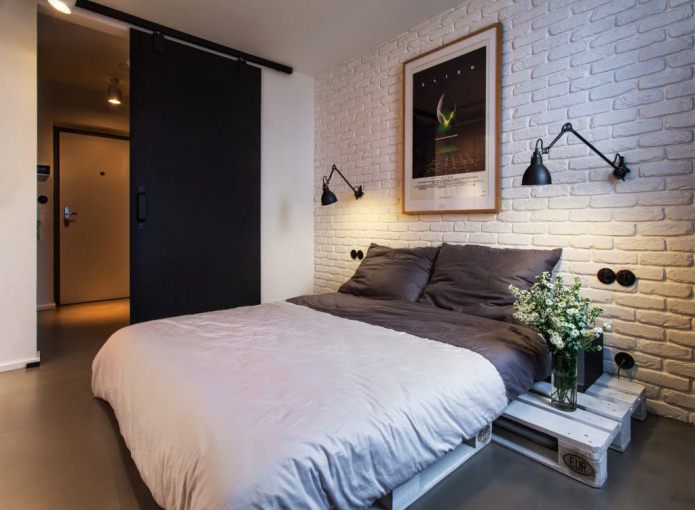 wall decoration in the bedroom with white brick wallpaper
