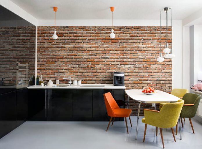 Wallpaper under red brick in kitchen design