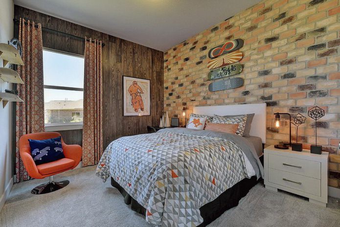 Bedroom design with brick wallpaper