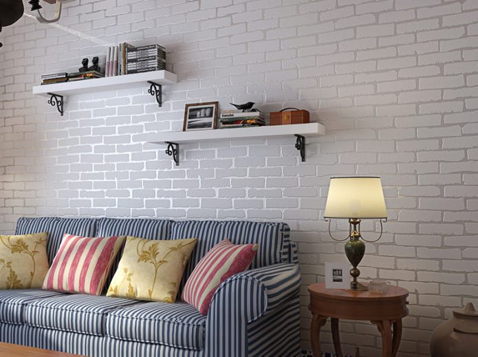 Wallpaper under white brick in the design of the living room
