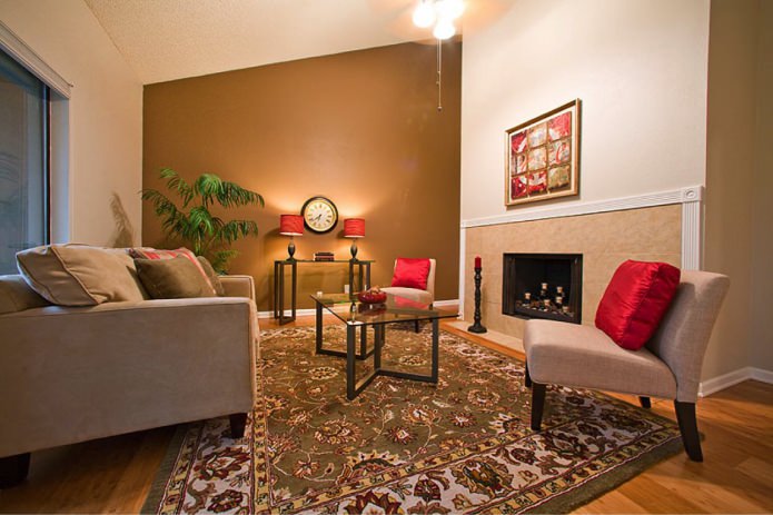 Red-brown color in the interior of the living room