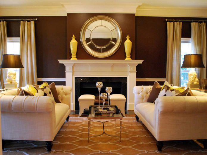 Yellow-brown color in the interior of the living room