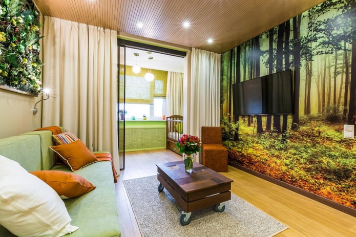 Photo wallpaper depicting the forest in the living room
