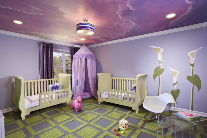 purple stretch ceiling in the interior of a children's room