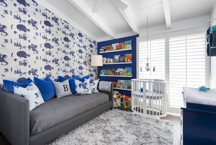 white and blue wallpaper in the nursery for a boy