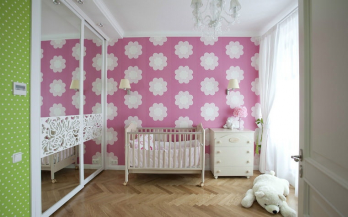 pink floral wallpaper in the nursery
