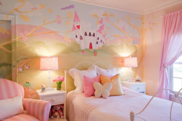 photomurals with a fairy-tale castle in the children's room for a girl