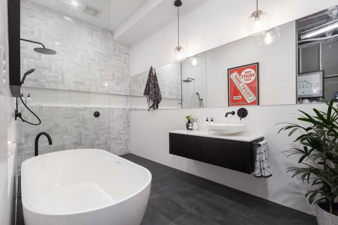 fürdőszoba belső falra szerelhető mosdóval, modern stílusban