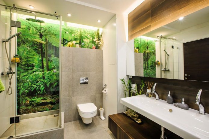 Modern öko stílusú fürdőszoba kialakítása zuhanykabinnal