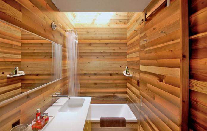 bathroom in modern style with wood grain finish