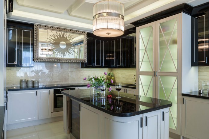 art deco kitchen with black and white set