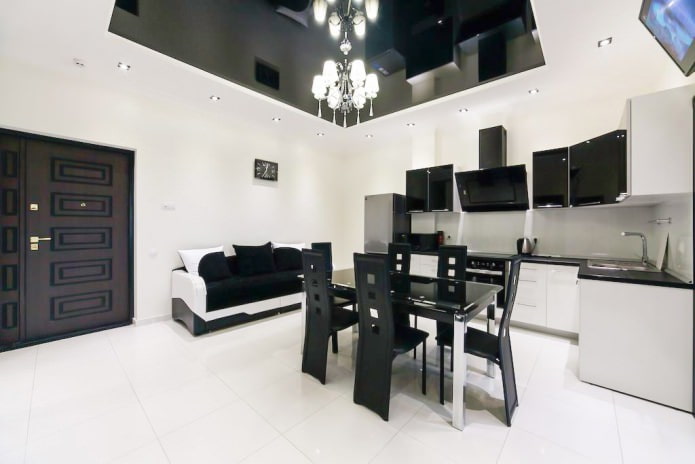 Fekete-fehér konyha-nappali belső tér
