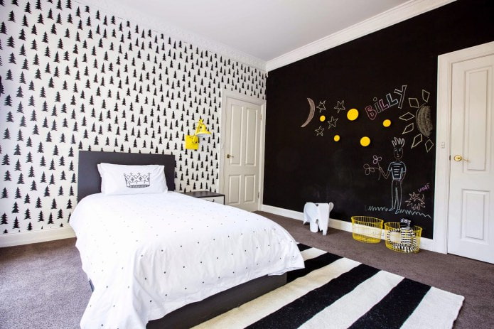 black and white interior of the nursery with the addition of yellow