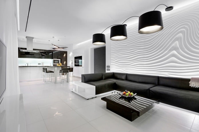black and white interior design of the kitchen-living room