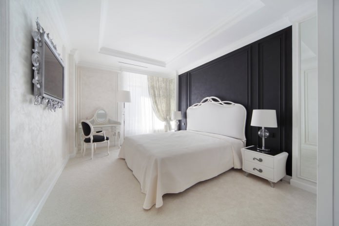 црно-бели дизајн ентеријера спаваће собе