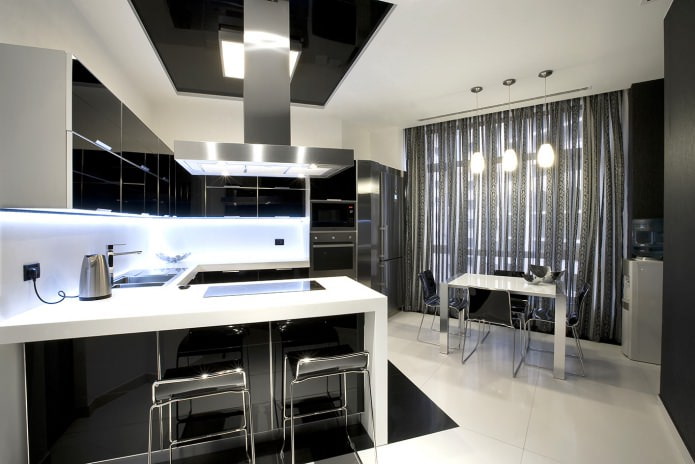 transparent black curtains in the kitchen