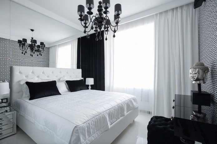 hálószoba belső fekete-fehér színben