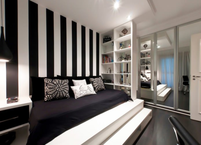 Fekete-fehér hálószoba belső