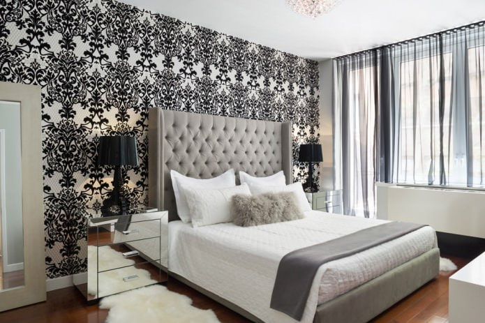 црно-бели ентеријер спаваће собе са додатком беж боје