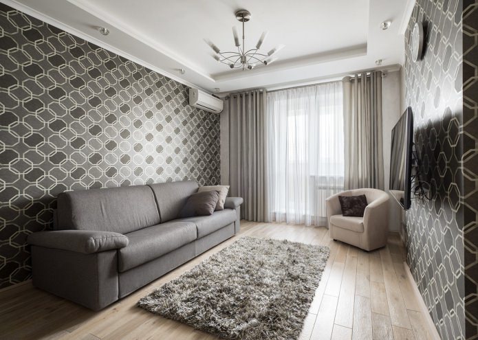 gray patterned wallpaper in the living room