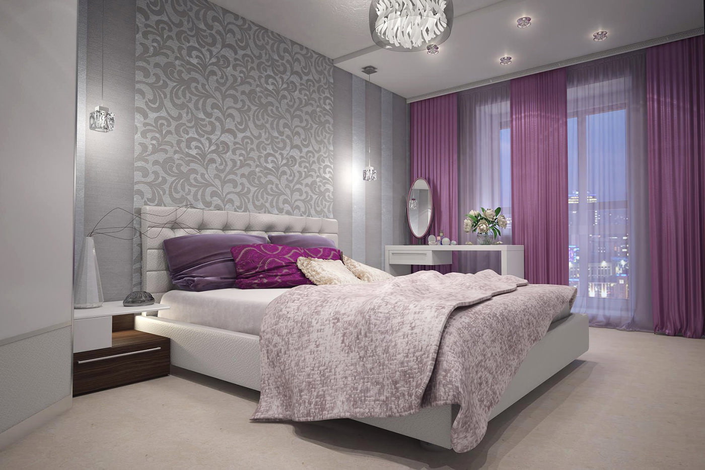 purple curtains in bedroom design with gray wallpaper