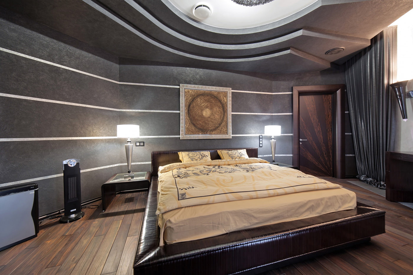 bedroom design with dark gray wallpaper