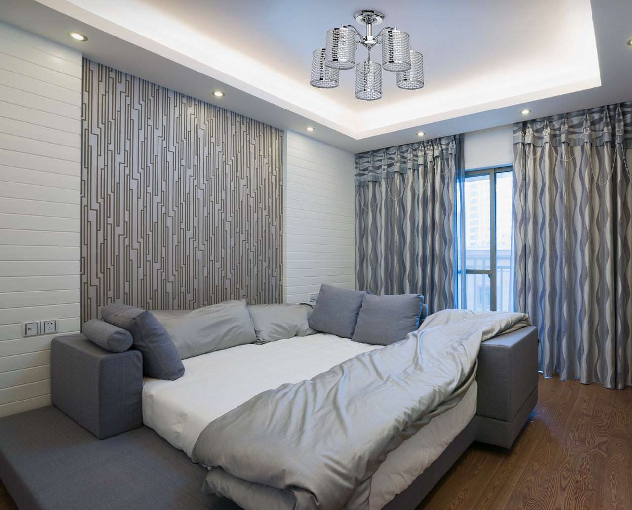 gray curtains in bedroom design with gray wallpaper