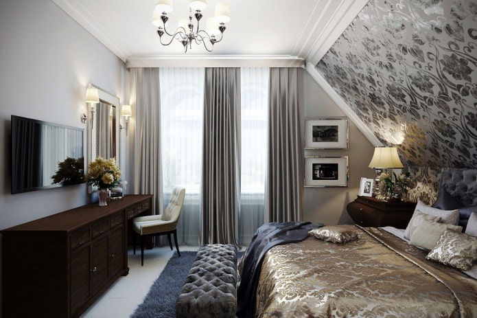 gray and white curtains in bedroom design with gray wallpaper