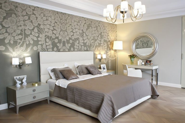 bedroom interior with gray wallpaper